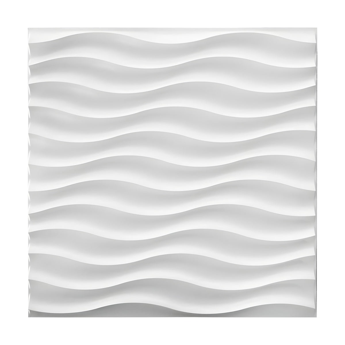 White 3D PVC wall panel, 50 x 50cm, with horizontal wave-shaped ribs creating a layered rippled texture, shown on a plain white background.