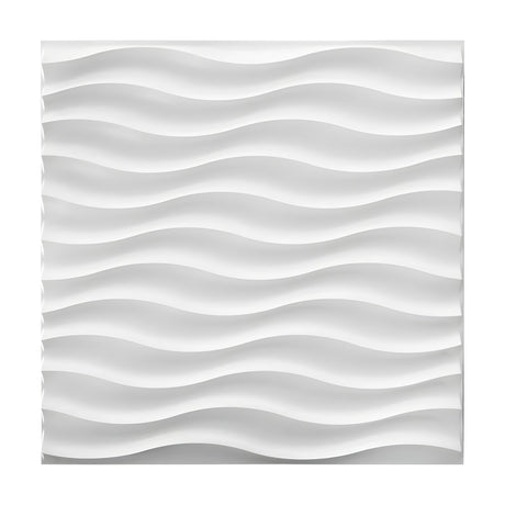 White 3D PVC wall panel, 50 x 50cm, with horizontal wave-shaped ribs creating a layered rippled texture, shown on a plain white background.