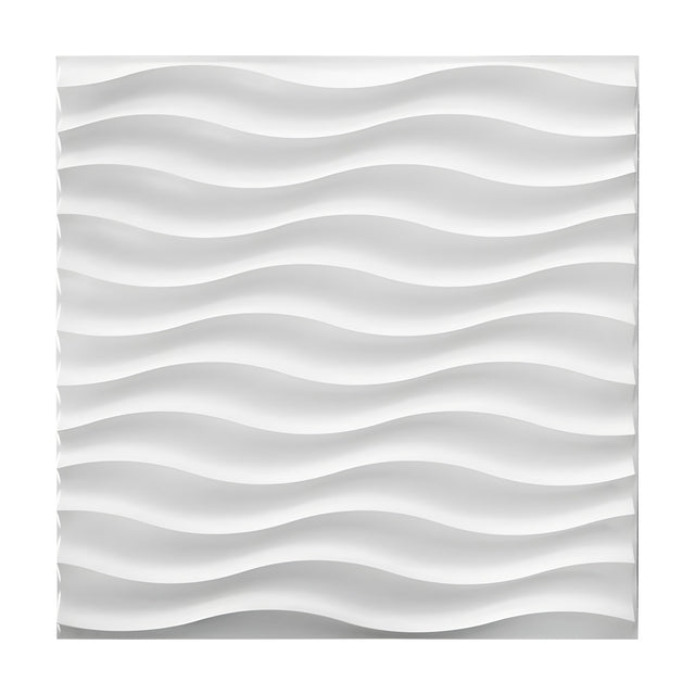White 3D PVC wall panel, 50 x 50cm, with horizontal wave-shaped ribs creating a layered rippled texture, shown on a plain white background.