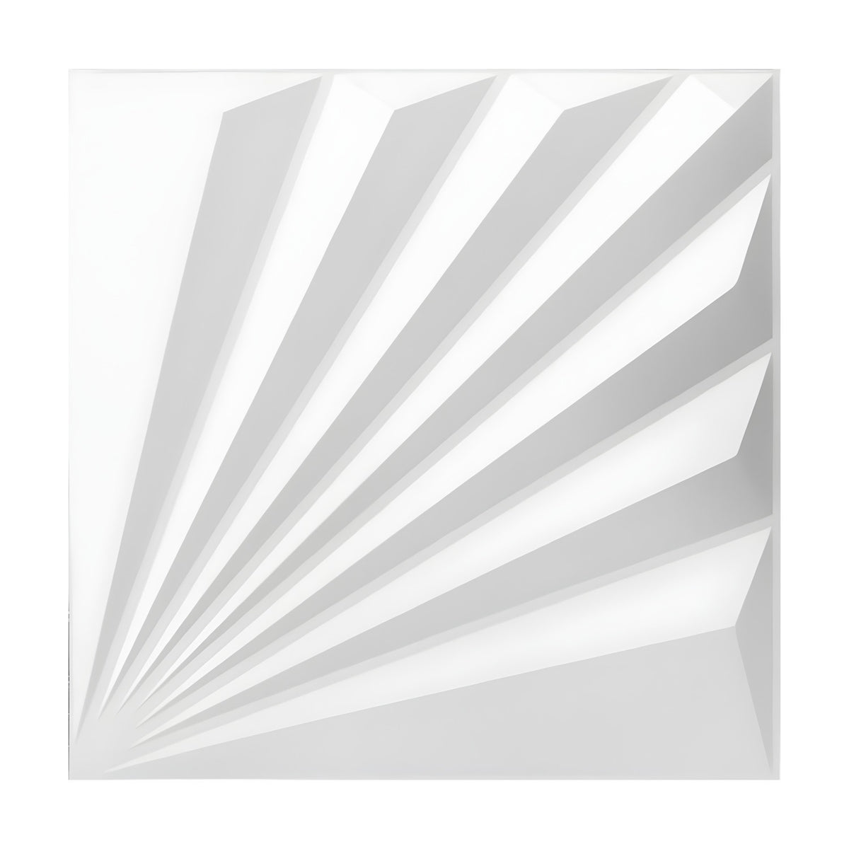 Square white PVC 3D wall panel, 50 x 50cm, with pleated fan-shaped ridges radiating from one corner in a geometric relief, shown on a plain background.