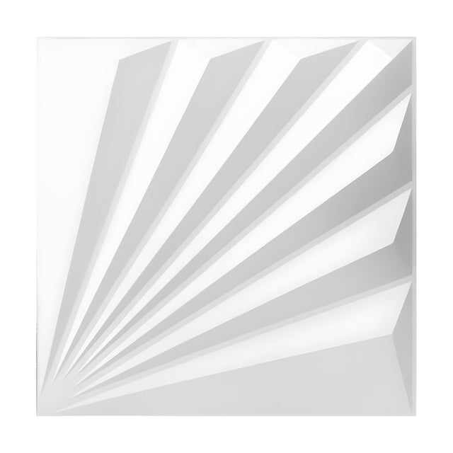 Square white PVC 3D wall panel, 50 x 50cm, with pleated fan-shaped ridges radiating from one corner in a geometric relief, shown on a plain background.