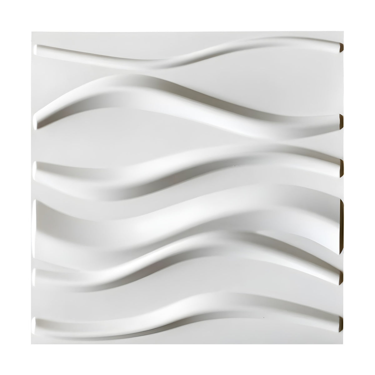 White PVC 3D wall panel, 50 x 50cm, featuring six raised horizontal ribbons in a twisted wave pattern, shown against a plain white background.