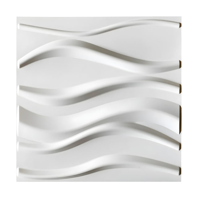 White PVC 3D wall panel, 50 x 50cm, featuring six raised horizontal ribbons in a twisted wave pattern, shown against a plain white background.