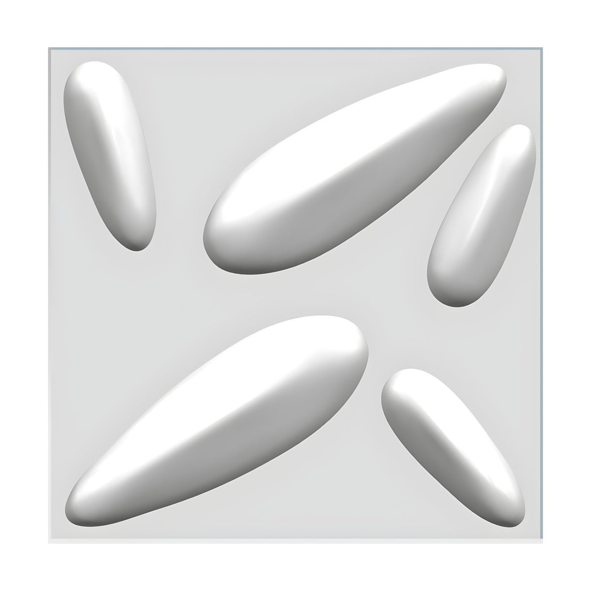 White 3D PVC wall panel, 50 x 50cm, featuring five raised elongated pebble shapes at varying angles on a flat square base with a light grey background.