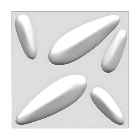 White 3D PVC wall panel, 50 x 50cm, featuring five raised elongated pebble shapes at varying angles on a flat square base with a light grey background.