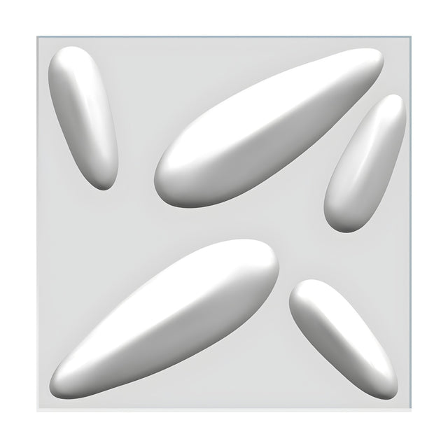 White 3D PVC wall panel, 50 x 50cm, featuring five raised elongated pebble shapes at varying angles on a flat square base with a light grey background.
