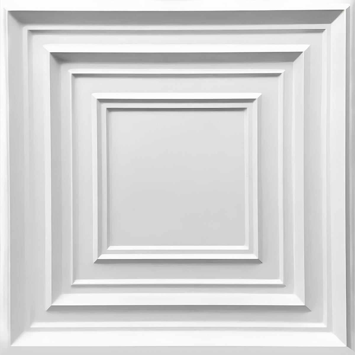 White 3D PVC wall panel, 50 x 50cm, with nested square frames and mitred corners stepping inward to a flat centre square, shown on a plain background.