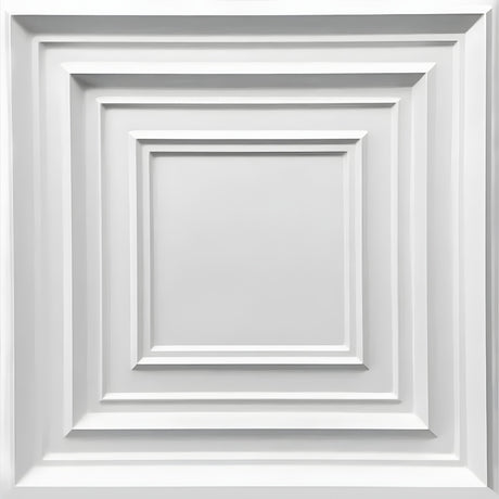 White 3D PVC wall panel, 50 x 50cm, with nested square frames and mitred corners stepping inward to a flat centre square, shown on a plain background.