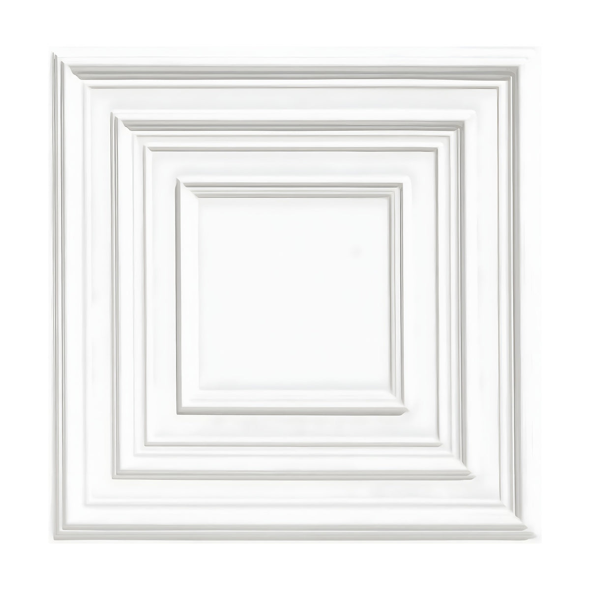 White PVC 3D wall panel, 50 x 50cm, with nested square frames stepping inwards to a flat centre square, shown on a plain white background.