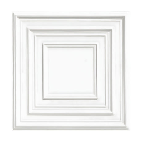 White PVC 3D wall panel, 50 x 50cm, with nested square frames stepping inwards to a flat centre square, shown on a plain white background.