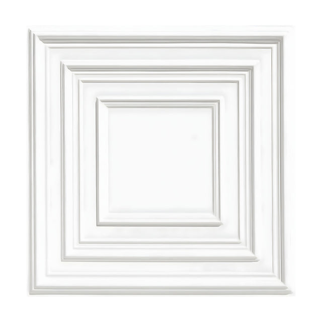 White PVC 3D wall panel, 50 x 50cm, with nested square frames stepping inwards to a flat centre square, shown on a plain white background.