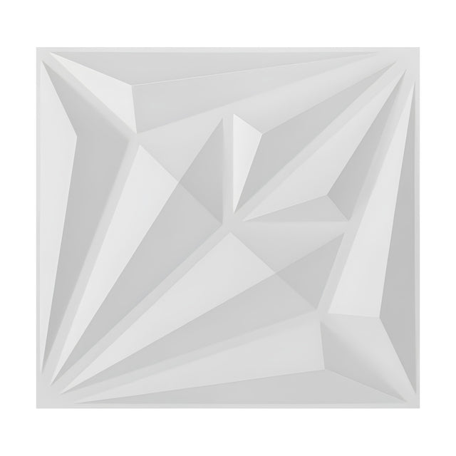 White 3D PVC wall panel, 50 x 50cm, with a faceted geometric shard design of tapering triangular points radiating diagonally, shown on a plain background.