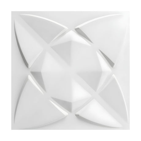 White PVC 3D wall panel, 50 x 50cm square, Curved Faceted Star design with a raised faceted centre and four curved pointed blades, shown on a plain white background.