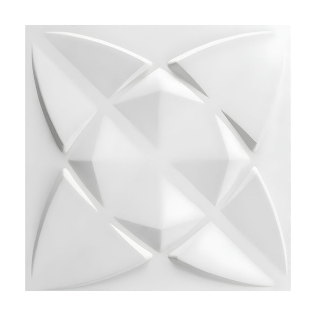 White PVC 3D wall panel, 50 x 50cm square, Curved Faceted Star design with a raised faceted centre and four curved pointed blades, shown on a plain white background.