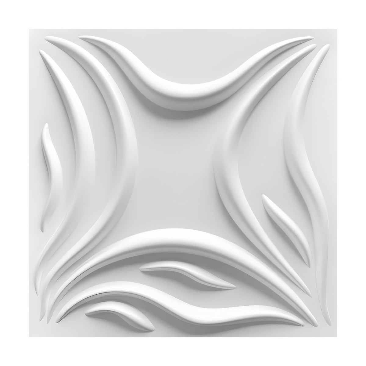 White PVC 3D wall panel, 50 x 50cm, with raised curved leaf-blade shapes bowing in from each edge around a flat four-pointed star centre, shown on a plain background.