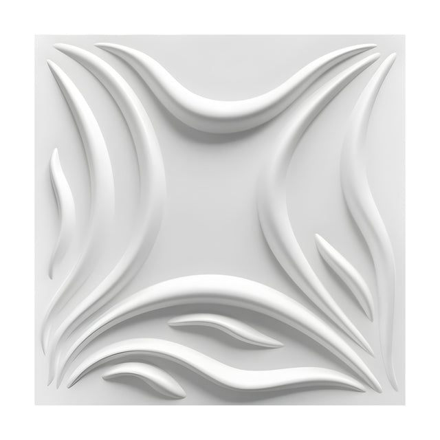 White PVC 3D wall panel, 50 x 50cm, with raised curved leaf-blade shapes bowing in from each edge around a flat four-pointed star centre, shown on a plain background.