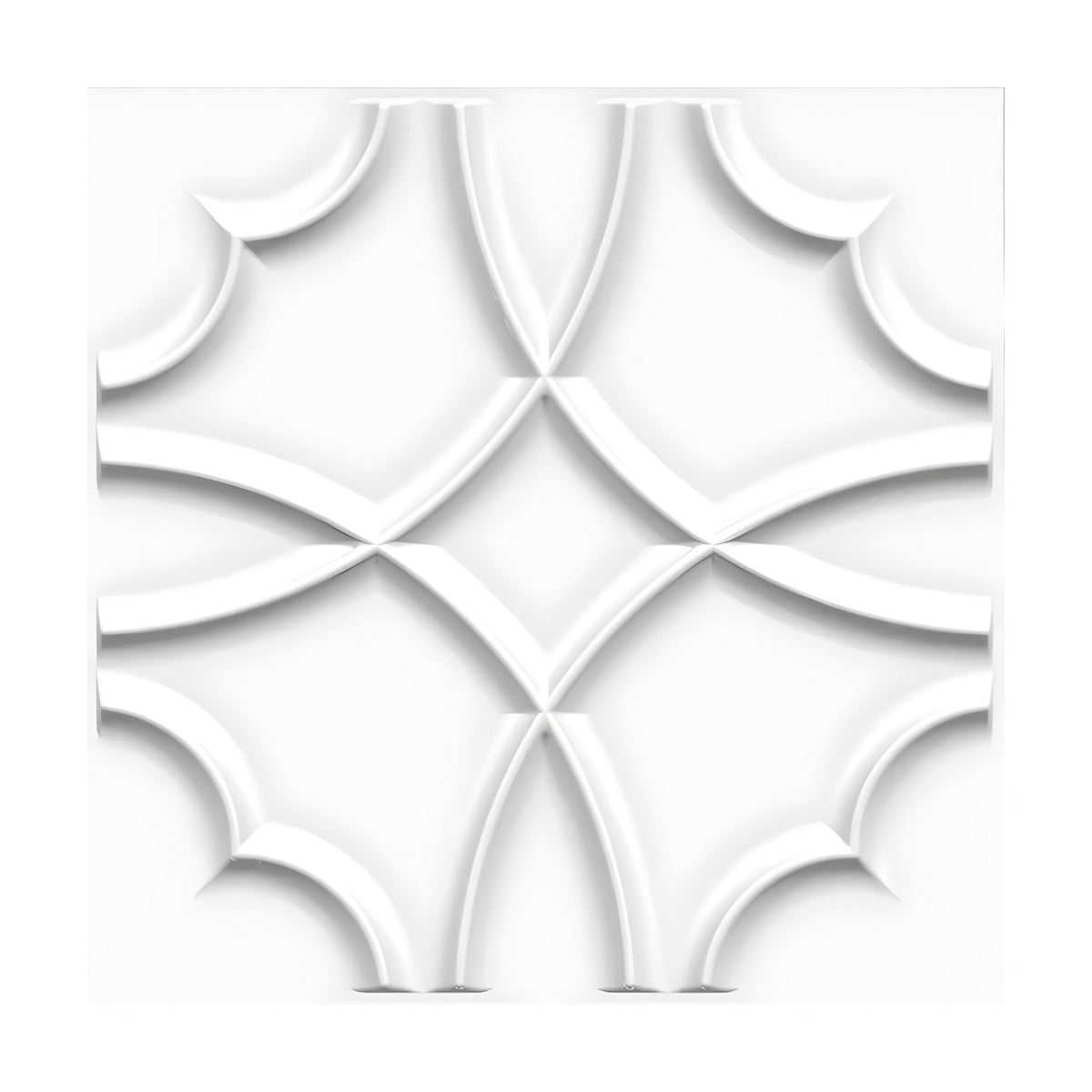 White PVC 3D wall panel, 50 x 50cm, featuring interlocking curved bands forming a raised four-pointed star and corner arcs, shown on a plain white background.