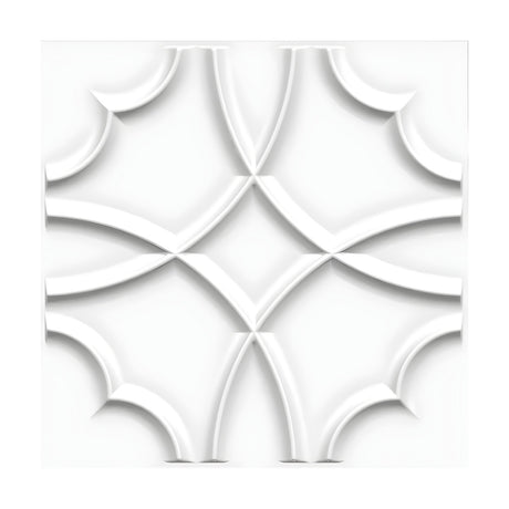White PVC 3D wall panel, 50 x 50cm, featuring interlocking curved bands forming a raised four-pointed star and corner arcs, shown on a plain white background.