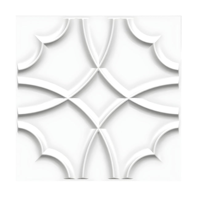 White PVC 3D wall panel, 50 x 50cm, featuring interlocking curved bands forming a raised four-pointed star and corner arcs, shown on a plain white background.