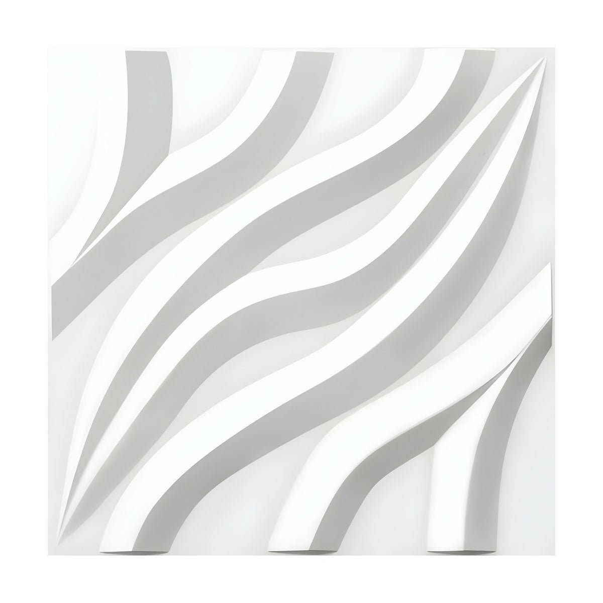 White 3D PVC wall panel, 50 x 50cm, featuring diagonal wavy raised bands in a sweeping S-curve relief pattern, shown against a plain white background.