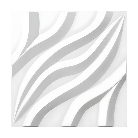 White 3D PVC wall panel, 50 x 50cm, featuring diagonal wavy raised bands in a sweeping S-curve relief pattern, shown against a plain white background.