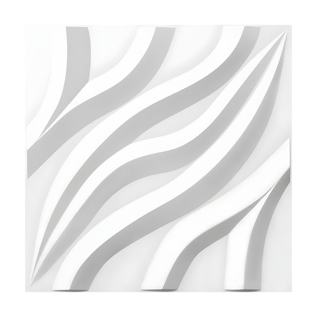 White 3D PVC wall panel, 50 x 50cm, featuring diagonal wavy raised bands in a sweeping S-curve relief pattern, shown against a plain white background.