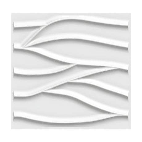 White square 3D PVC wall panel, 50 x 50cm, featuring crossing ribbon wave patterns with diagonal branching bands over a flat ground, shown on a plain background.