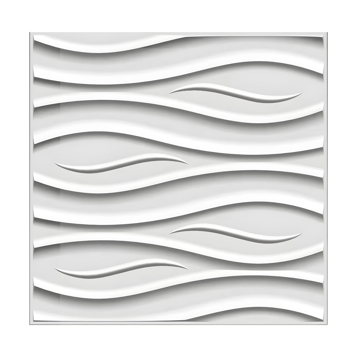 White 3D PVC wall panel, 50 x 50cm, featuring rolling wave bands and tapered crescent details across a square tile on a plain background.