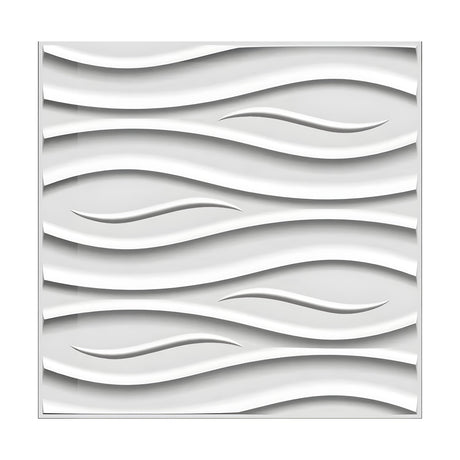White 3D PVC wall panel, 50 x 50cm, featuring rolling wave bands and tapered crescent details across a square tile on a plain background.