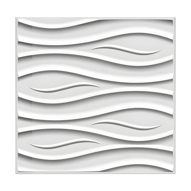 White 3D PVC wall panel, 50 x 50cm, featuring rolling wave bands and tapered crescent details across a square tile on a plain background.