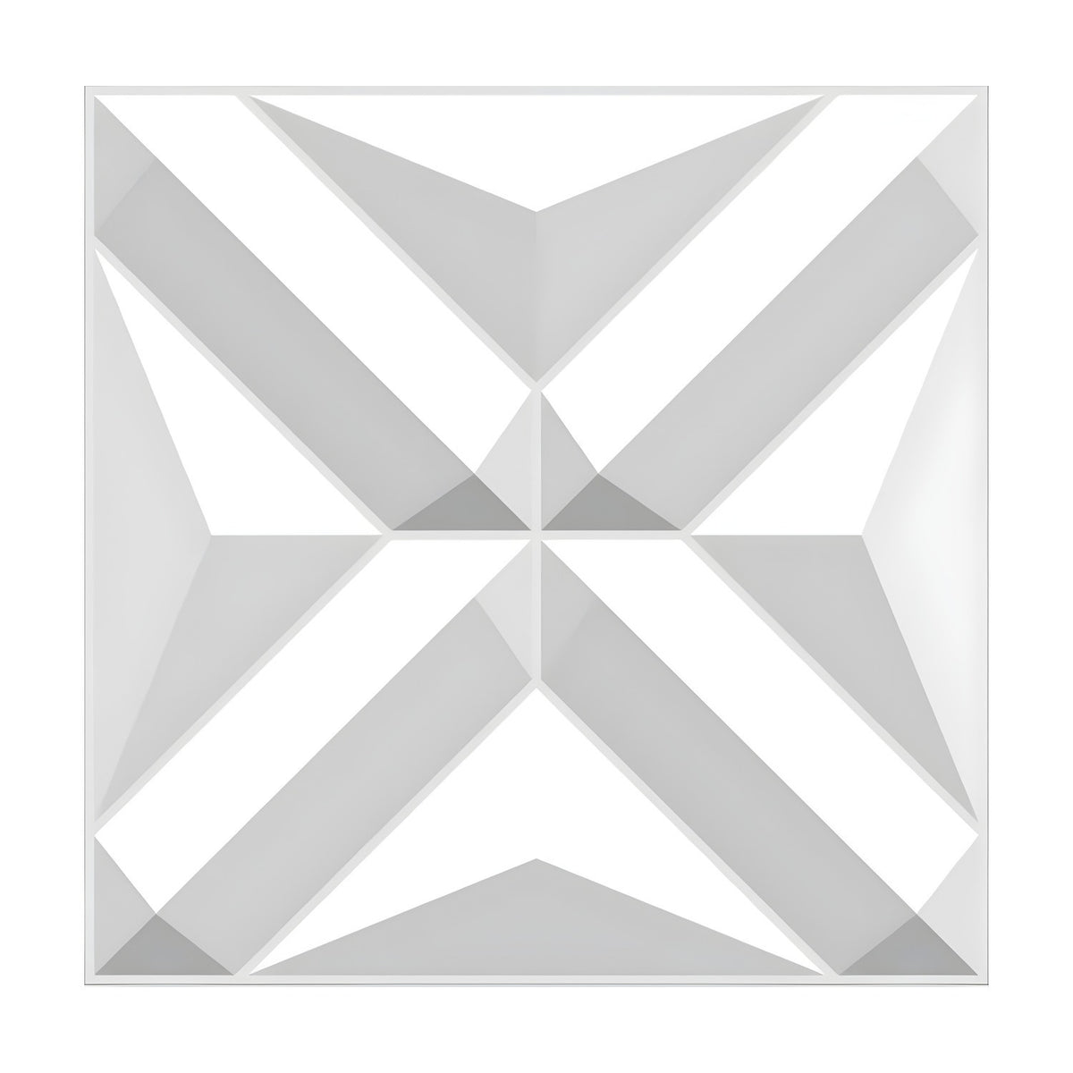 White 3D PVC wall panel, 50 x 50cm, with a faceted diagonal cross motif and chevron details in the corner triangles, shown on a plain background.