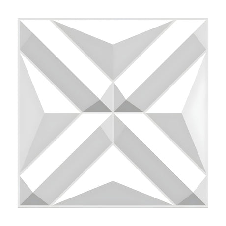White 3D PVC wall panel, 50 x 50cm, with a faceted diagonal cross motif and chevron details in the corner triangles, shown on a plain background.