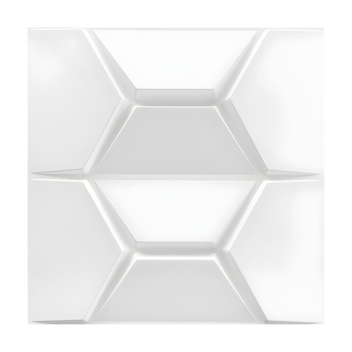 White PVC 3D wall panel, 50 x 50cm, featuring a split hexagon geometric pattern in relief with bevelled grooves, shown on a plain white background.