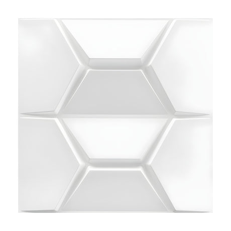 White PVC 3D wall panel, 50 x 50cm, featuring a split hexagon geometric pattern in relief with bevelled grooves, shown on a plain white background.
