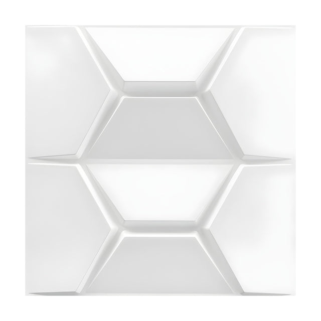 White PVC 3D wall panel, 50 x 50cm, featuring a split hexagon geometric pattern in relief with bevelled grooves, shown on a plain white background.