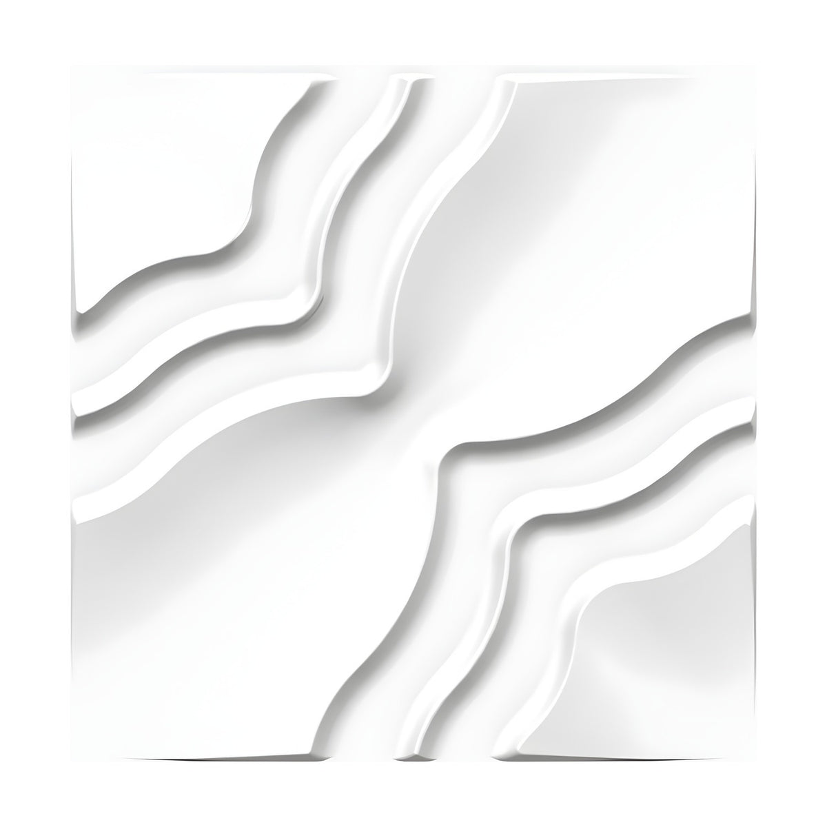White square 3D PVC wall panel, 50 x 50cm, with a smooth diagonal band and curved, wavy ribs creating raised textured patterns on a plain background.