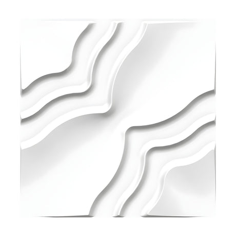 White square 3D PVC wall panel, 50 x 50cm, with a smooth diagonal band and curved, wavy ribs creating raised textured patterns on a plain background.