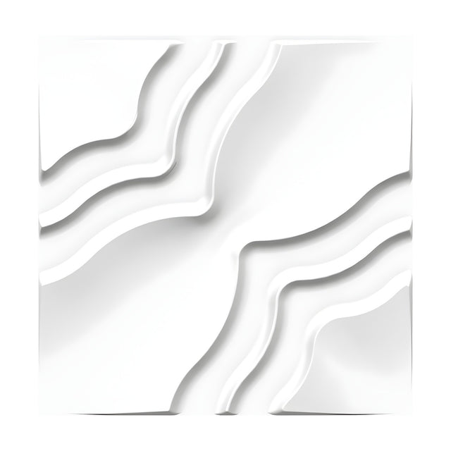 White square 3D PVC wall panel, 50 x 50cm, with a smooth diagonal band and curved, wavy ribs creating raised textured patterns on a plain background.