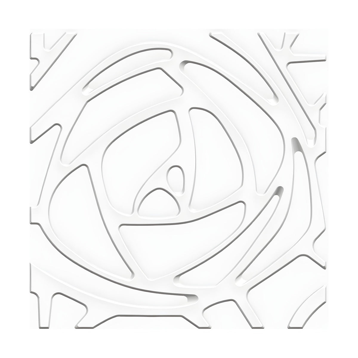 White 50 x 50cm 3D PVC wall panel with a stylised rose design, spiralling petal grooves surrounded by branching twig-like lines, on a plain background.