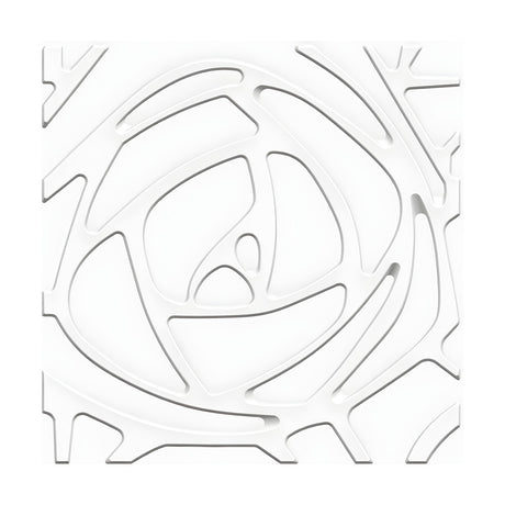 White 50 x 50cm 3D PVC wall panel with a stylised rose design, spiralling petal grooves surrounded by branching twig-like lines, on a plain background.