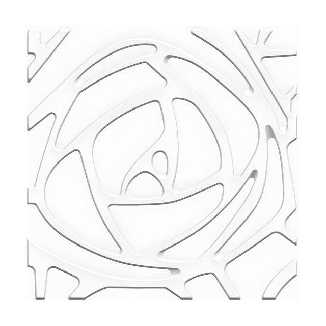 White 50 x 50cm 3D PVC wall panel with a stylised rose design, spiralling petal grooves surrounded by branching twig-like lines, on a plain background.