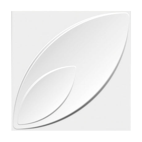 White square 3D PVC wall panel, 50 x 50cm, featuring a large pointed leaf shape with a smaller nested leaf, diagonal design on a plain white background.