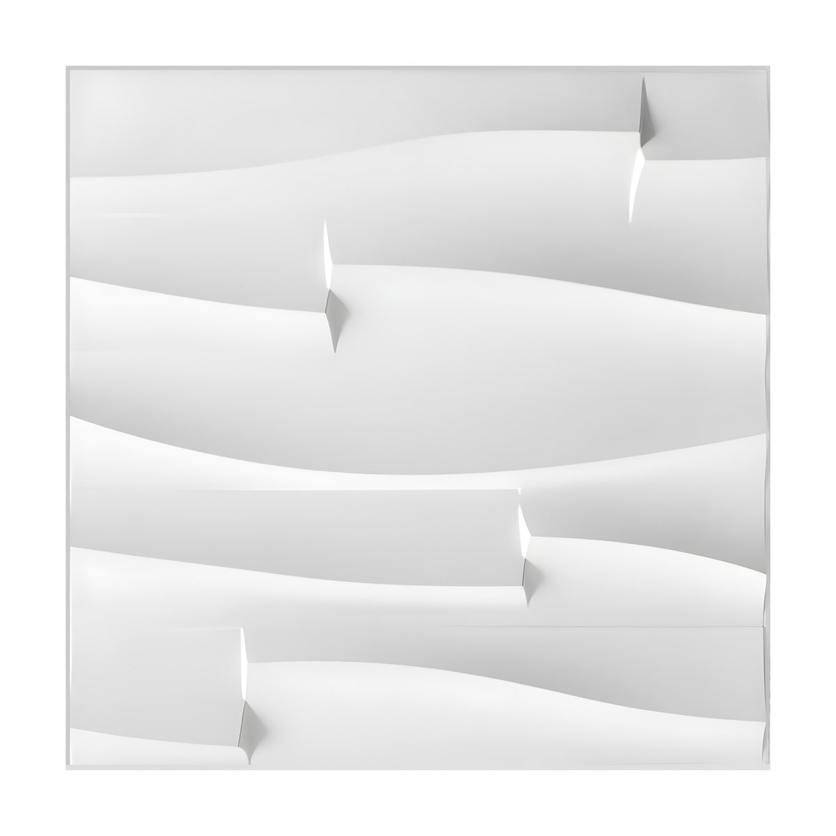 White square 3D PVC wall panel, 50 x 50cm, featuring stepped horizontal wave bands with staggered notched edges, shown on a plain white background.