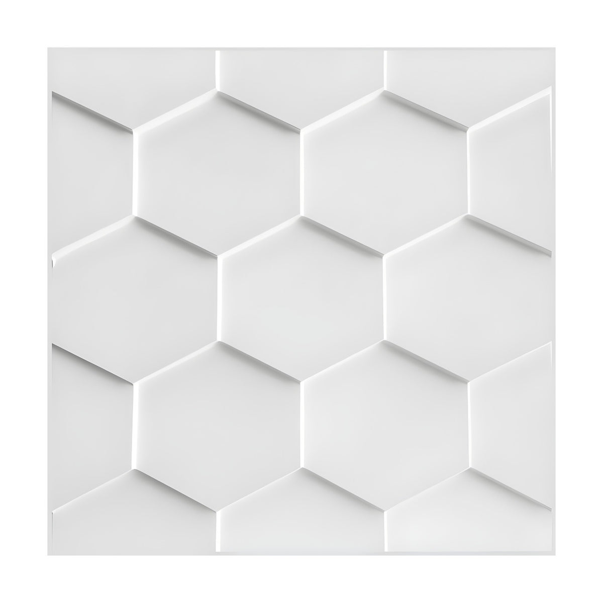 White 3D PVC wall panel, 50 x 50cm, featuring a raised hexagon honeycomb pattern with flat-faced hexagons and subtle shadow lines, shown on a plain white background.