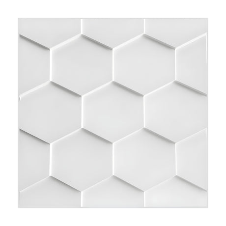 White 3D PVC wall panel, 50 x 50cm, featuring a raised hexagon honeycomb pattern with flat-faced hexagons and subtle shadow lines, shown on a plain white background.