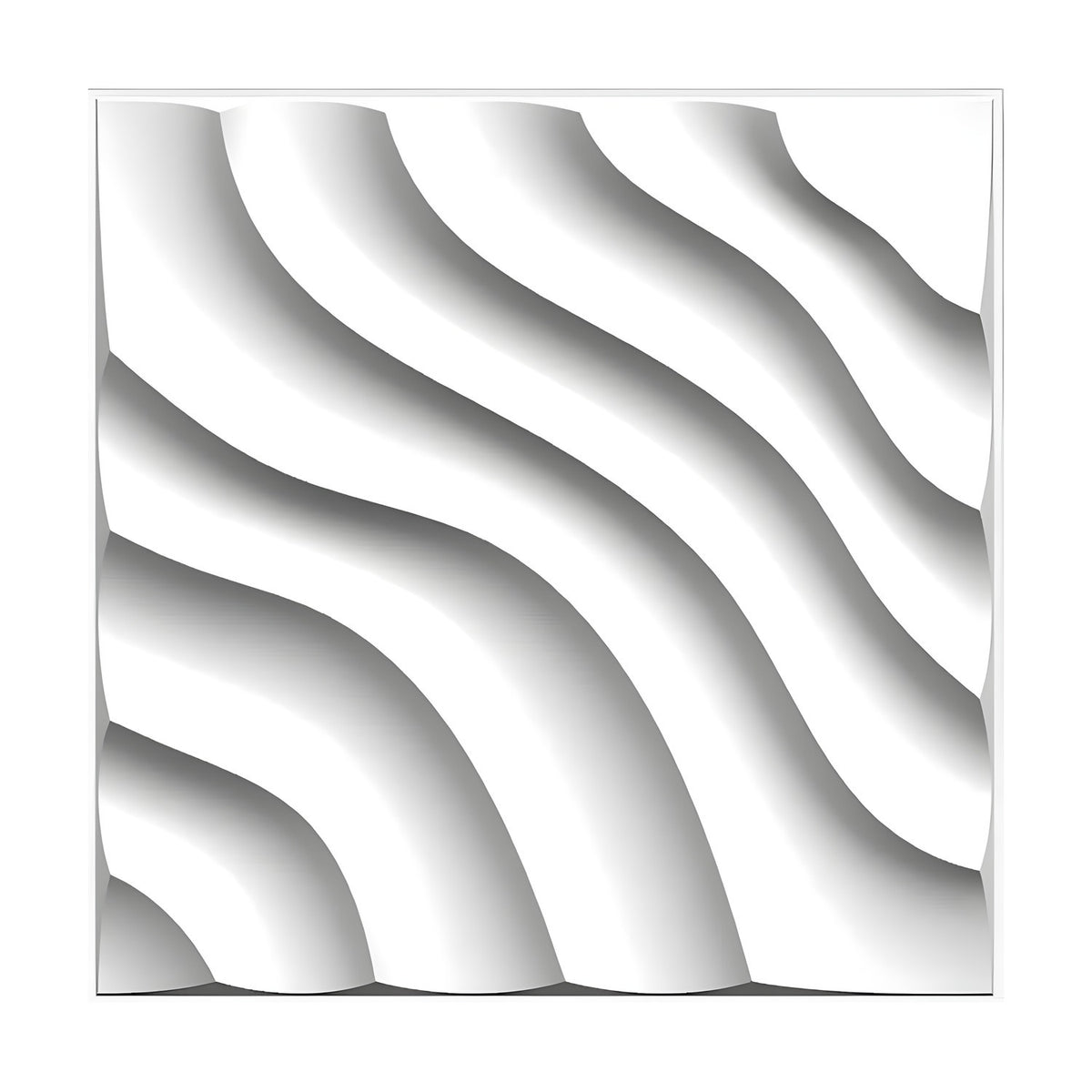 White 3D PVC wall panel, 50 x 50cm, featuring diagonal S-curved wave bands in a dune-like layered pattern, shown against a plain white background.