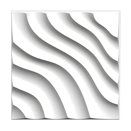 White 3D PVC wall panel, 50 x 50cm, featuring diagonal S-curved wave bands in a dune-like layered pattern, shown against a plain white background.