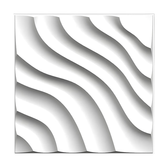 White 3D PVC wall panel, 50 x 50cm, featuring diagonal S-curved wave bands in a dune-like layered pattern, shown against a plain white background.