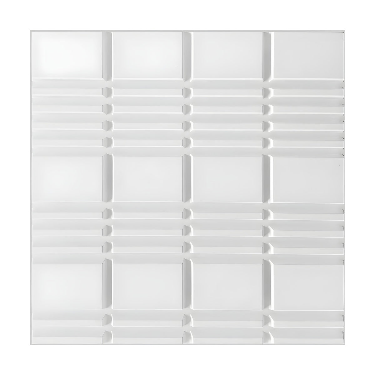 White 3D PVC wall panel, 50 x 50cm, with a geometric grid of flat rectangular blocks in four columns and rows of narrow horizontal bars, shown on a plain background.