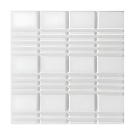 White 3D PVC wall panel, 50 x 50cm, with a geometric grid of flat rectangular blocks in four columns and rows of narrow horizontal bars, shown on a plain background.